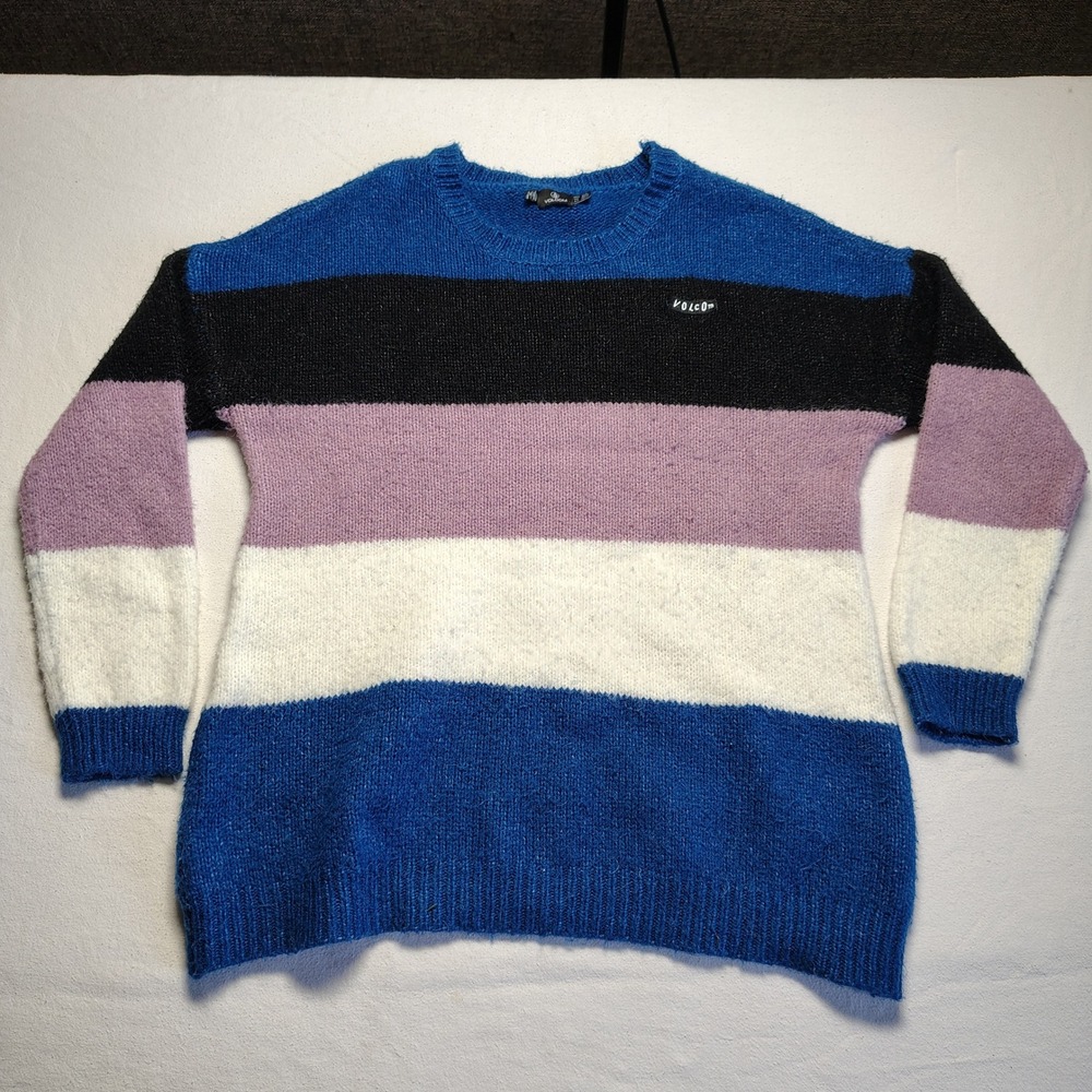 Volcom Women Sweater M/L Blue Multi Colorblock Alpaca Blend Oversized Pullover